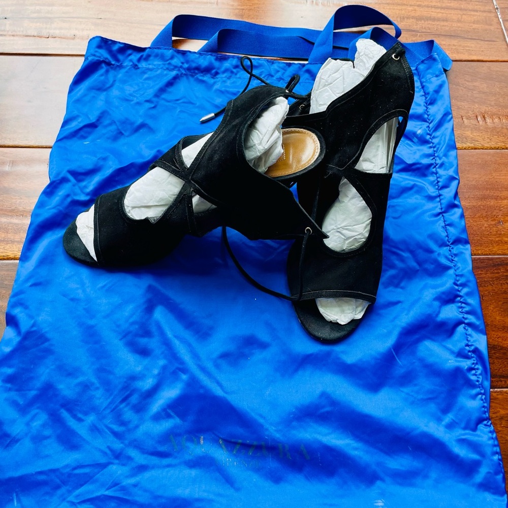 Aquazzura Black Suede Cut Out "Sexy Thing" Heel Ankle Tie Sandals in Size 38.5